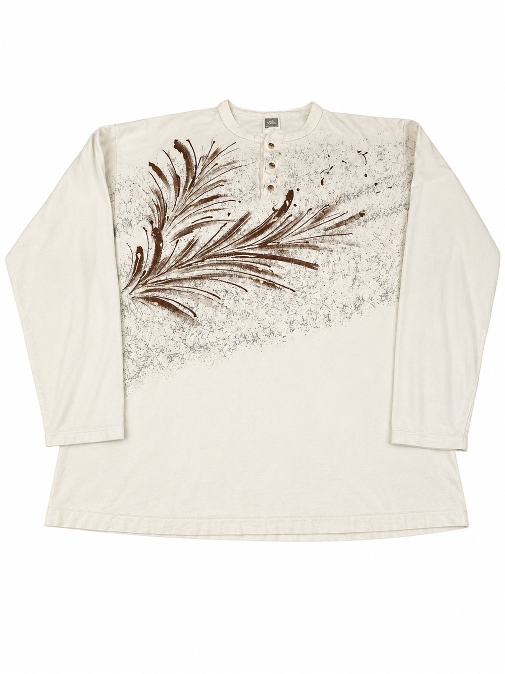 Men's Cream Long-Sleeve Henley with Brown Feather Graphic